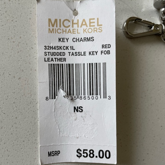 NWT Michael Kors Studded Tassel Key Chain Fob Bag Charm Silver/Red Leather - Picture 7 of 7